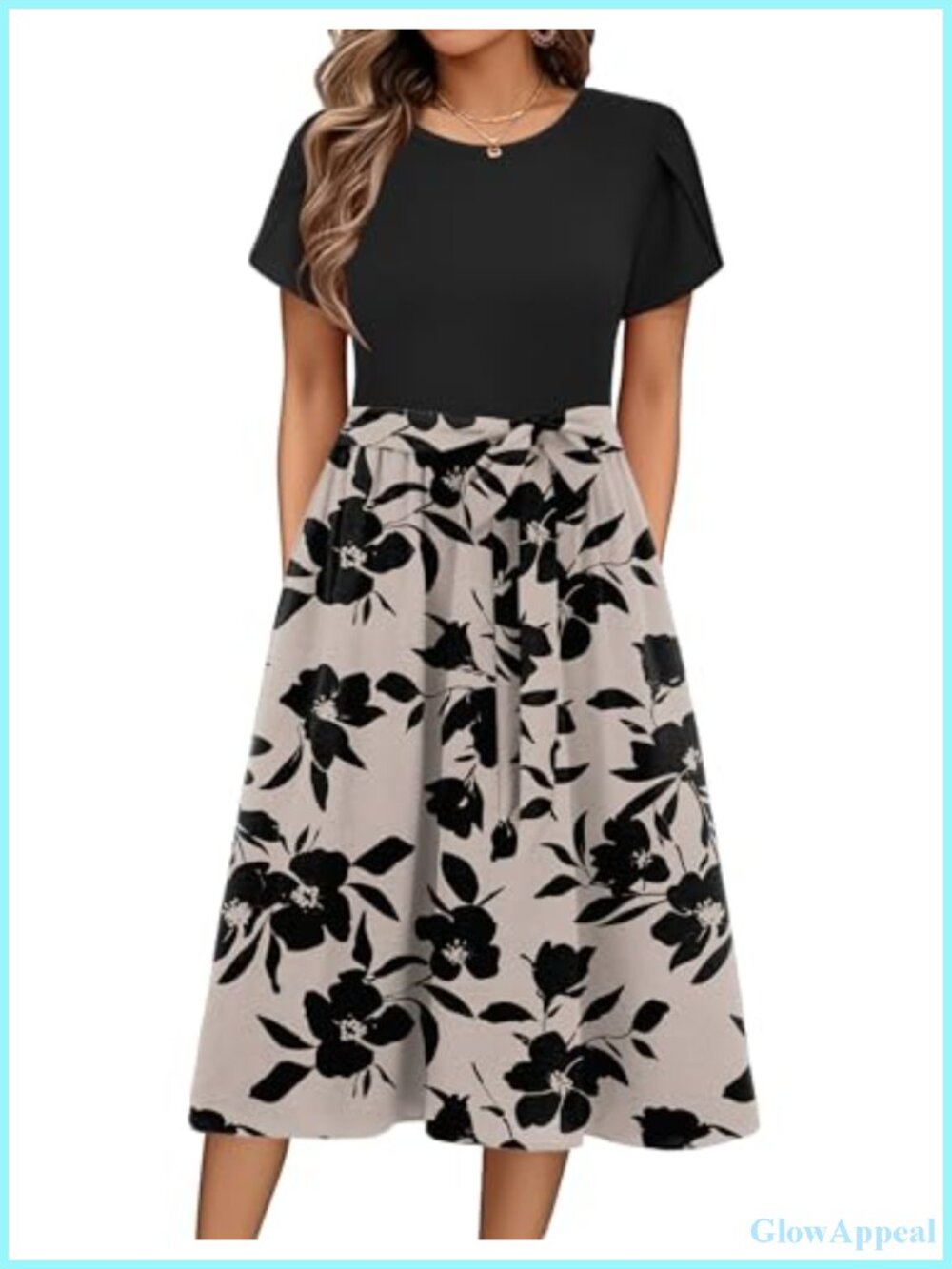 Women's Midi Dress with Pockets Floral Casual Short Sleeve